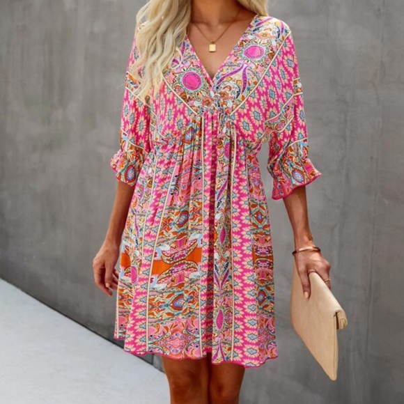 Boho Red Floral Print Ruffle Sleeve Mini Dress Cottagecore - Picture 12 of 13